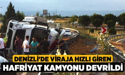 Denizli'de Viraja Hızlı Giren Hafriyat Kamyonu Devrildi