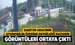 Dağıtım aracının otomobilin üzerine devrildiği kazanın görüntüleri ortaya çıktı