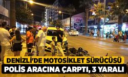 Denizli'de Motosiklet Sürücüsü Polis Aracına Çarptı, 3 yaralı