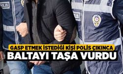 Gasp etmek istediği kişi polis çıkınca baltayı taşa vurdu