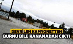 Devrilen kamyonetten burnu bile kanamadan çıktı