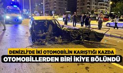 Denizli'de İki otomobilin karıştığı kazda otomobillerden biri ikiye bölündü