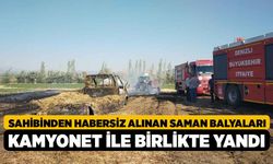 Sahibinden habersiz alınan saman balyaları kamyonet ile birlikte yandı