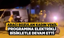 Aracı bozulan kadın vekil programına elektrikli bisikletle devam etti