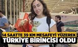 14 saatte 39 km mesafeyi yüzerek Türkiye birincisi oldu