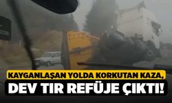 Kayganlaşan Yolda Korkutan Kaza, Dev Tır Refüje Çıktı!