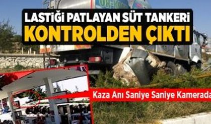 Lastiği Patlayan Süt Tankeri Kontrolden Çıktı