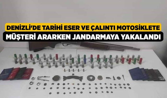 Denizli'de Tarihi eser ve çalıntı motosiklete müşteri ararken jandarmaya yakalandı