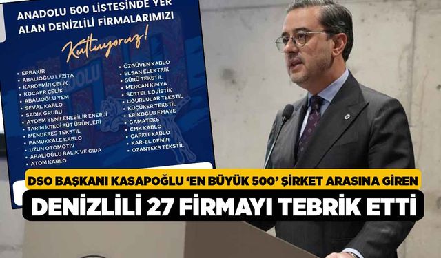 DSO Başkanı Kasapoğlu ‘En Büyük 500’ şirket arasına giren Denizlili 27 firmayı tebrik etti