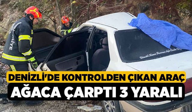 Denizli'de Kontrolden Çıkan Araç Ağaca Çarptı 3 Yaralı