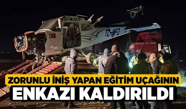 Zorunlu iniş yapan eğitim uçağının enkazı kaldırıldı