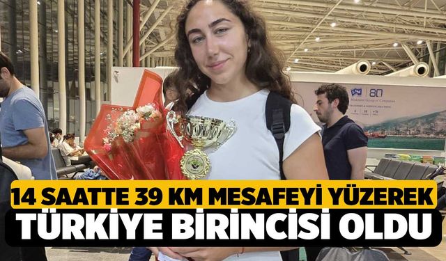 14 saatte 39 km mesafeyi yüzerek Türkiye birincisi oldu