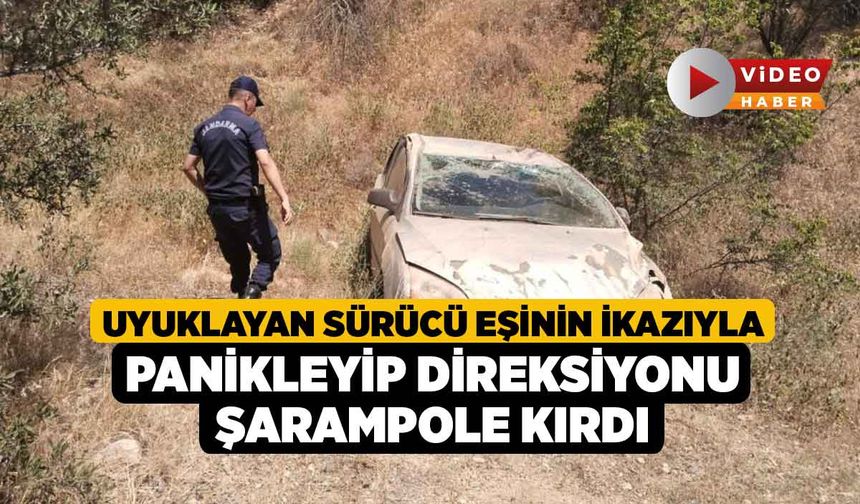 Uyuklayan sürücü eşinin ikazıyla panikleyip direksiyonu şarampole kırdı