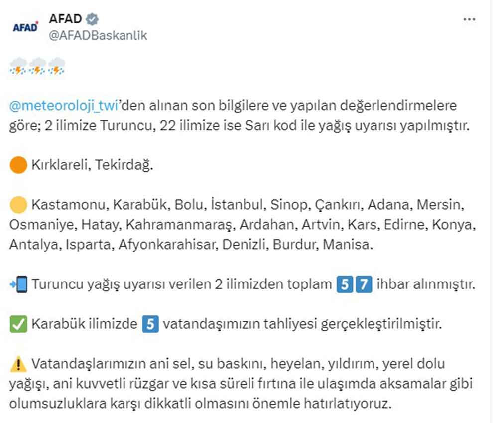 Afaddan Denizliyi Sari Kodlu Uyari 1