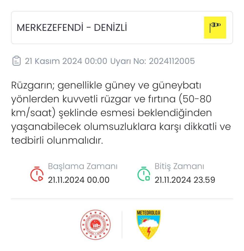 Meteorolojiden Denizliye Sari Kodlu Uyari 1