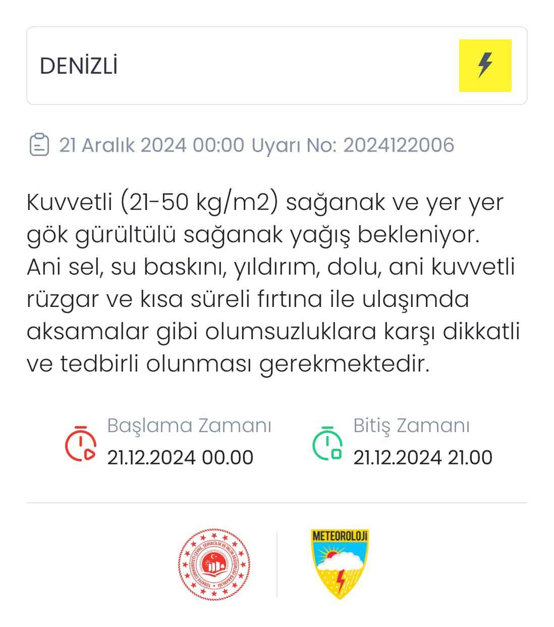 Denizli Meteoroloji Sari Kod Kuvvetli Yagis1