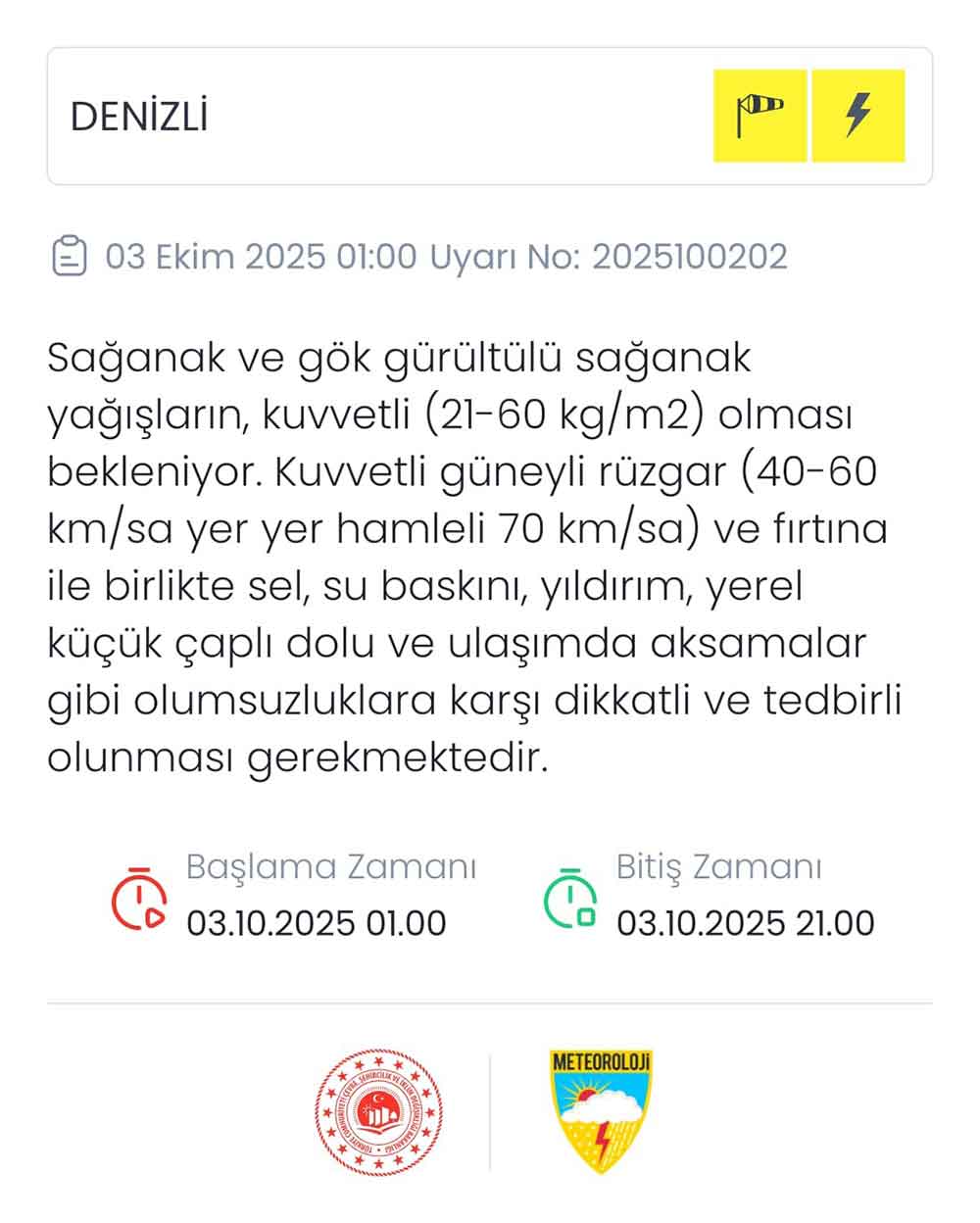 Meteoroloji Genel Mudurlugunden Denizliye Sari Uyari 1